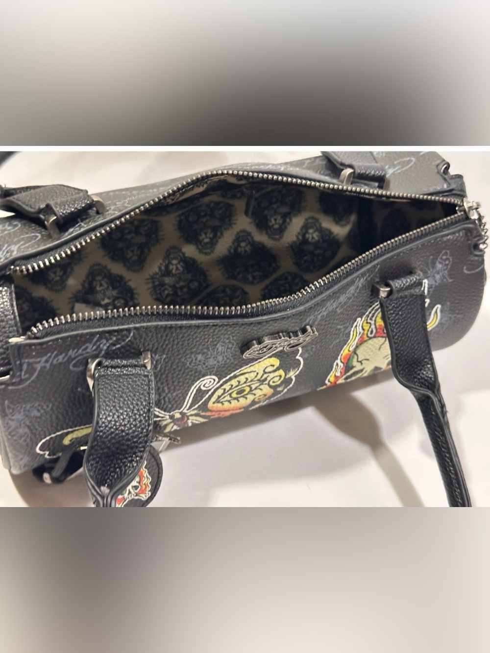 Ed Hardy Black Skull & Butterfly Barrel Handbag - Picture 8 of 8